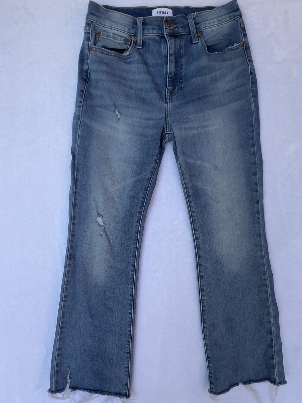 PISTOLA Lennon High Rise Crop Bootcut Jeans Zuma Blue Distressed Raw Hem Size 28